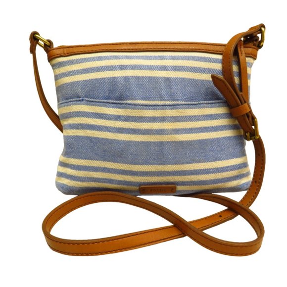 Small Crossbody Bag Striped Canvas Blue & White Zip Top - Picture 1 of 10